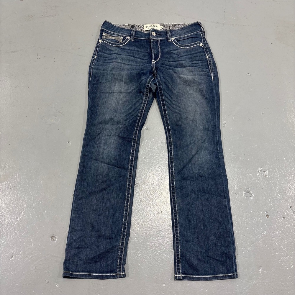 Ariat REAL Denim Mid Rise Bootcut Jeans Dark Wash 31R Paisley Waistband